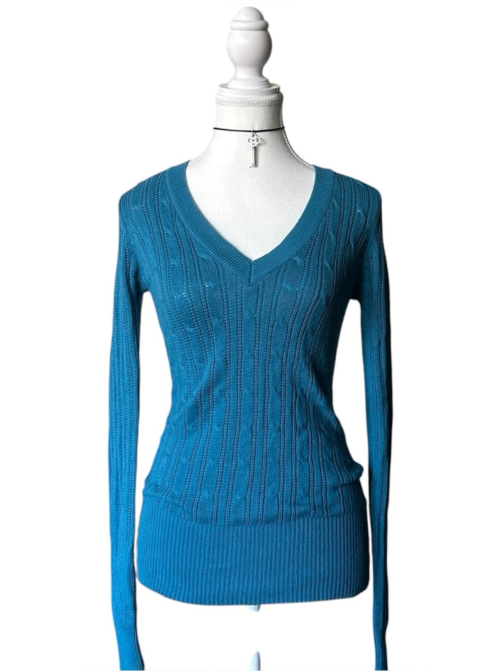 Y2K Coquette “G:21” Basic Blue Cable Knit V-Neck Long Sleeve Sweater Top